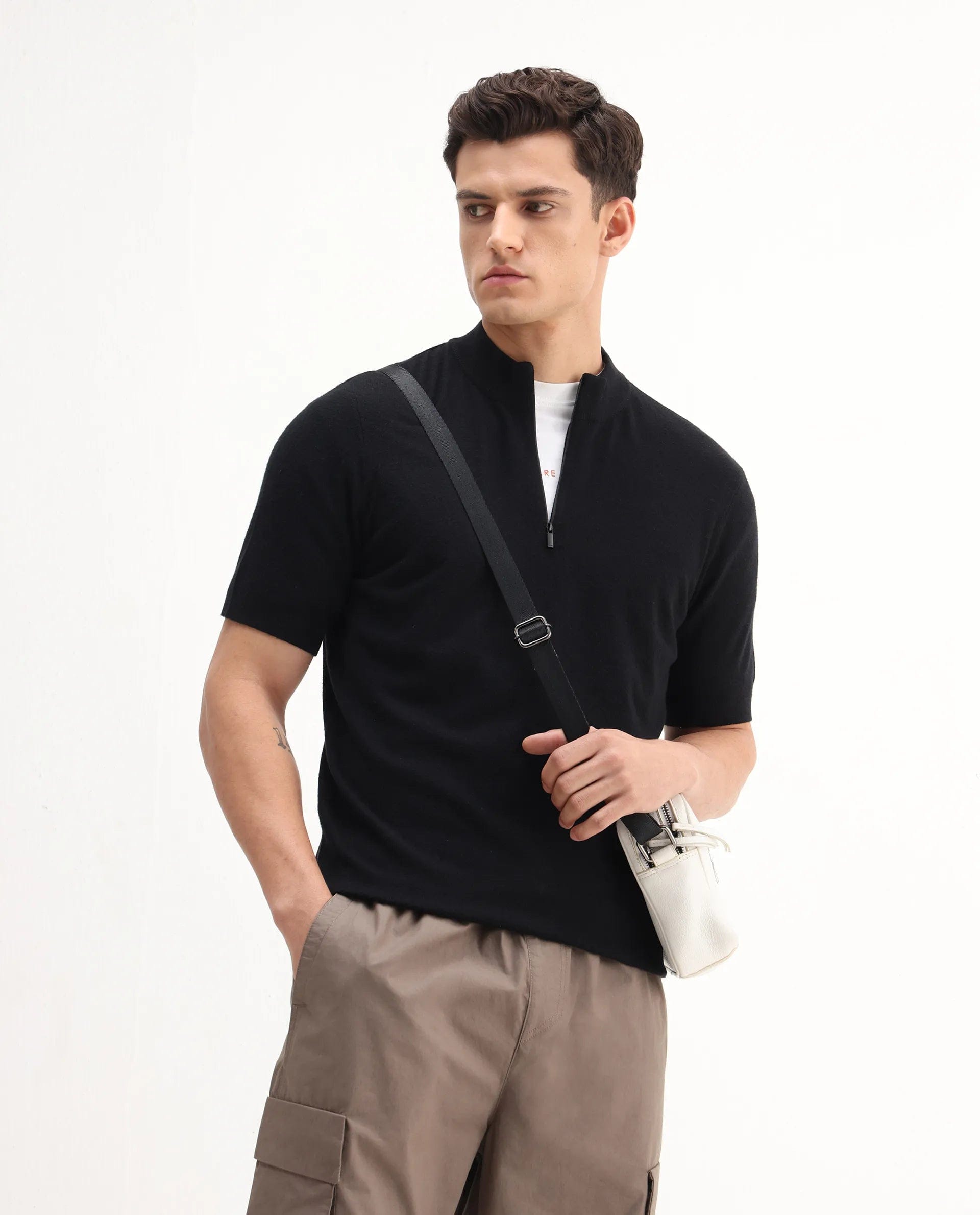 RARE Rabbit Men's Alfeto - 25 Black Viscose Plain Regular Fit Half Sleeve High Neck Polo