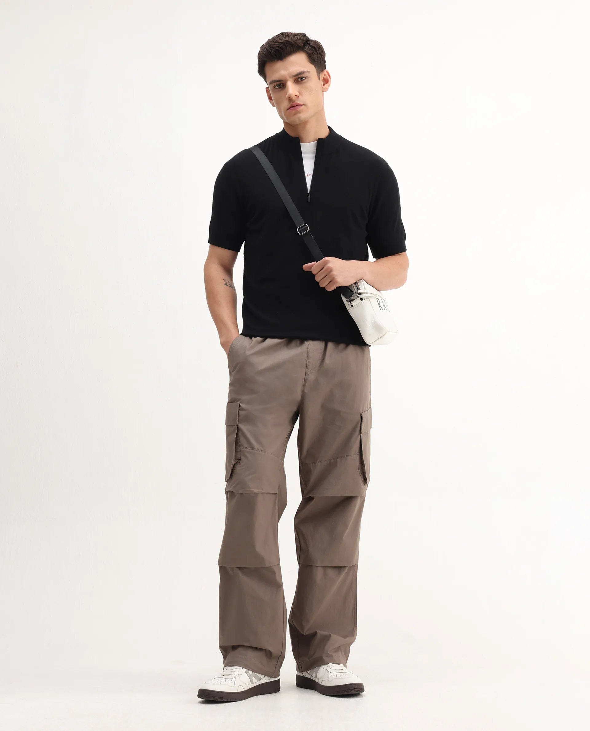 RARE Rabbit Men's Alfeto - 25 Black Viscose Plain Regular Fit Half Sleeve High Neck Polo