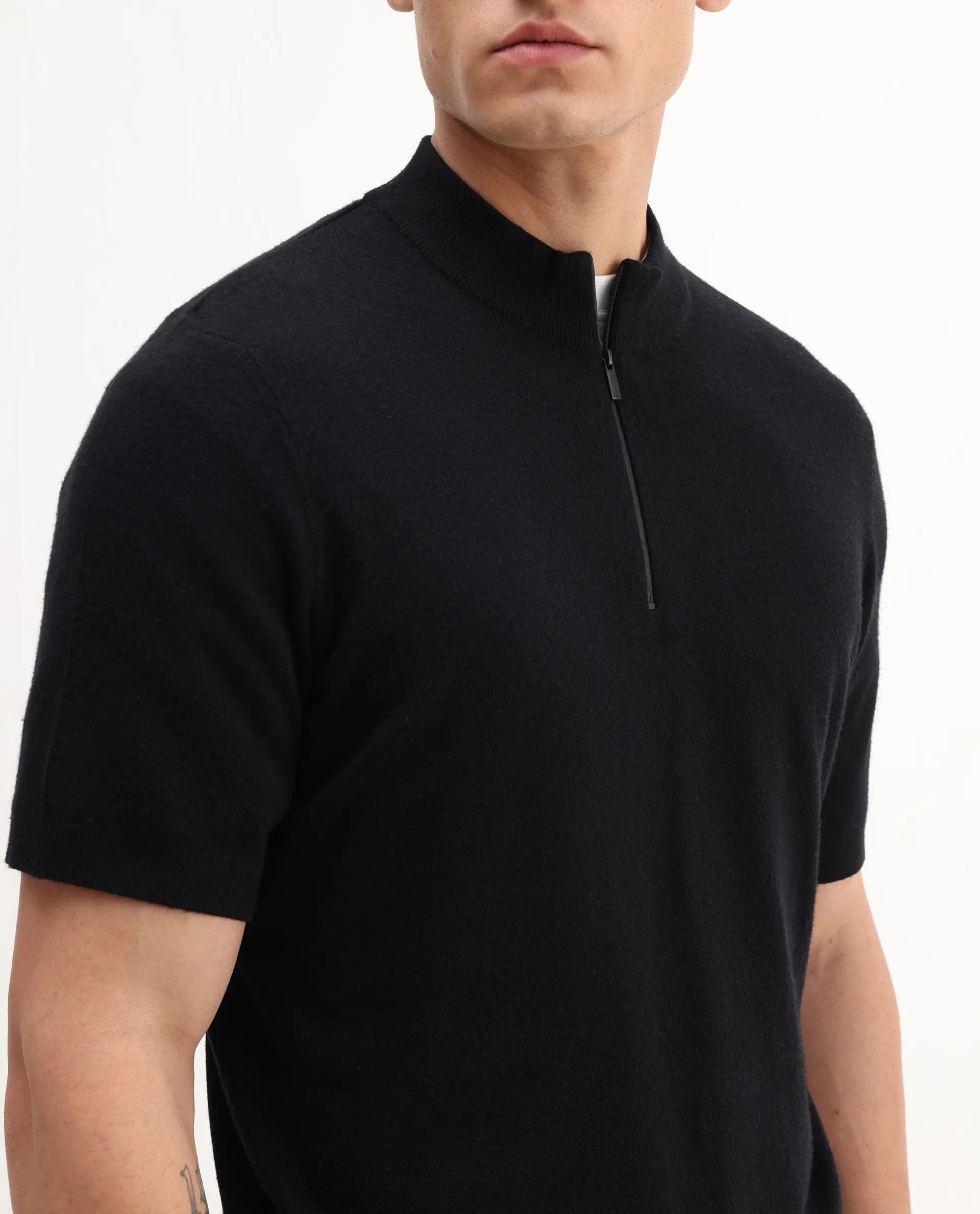 RARE Rabbit Men's Alfeto - 25 Black Viscose Plain Regular Fit Half Sleeve High Neck Polo