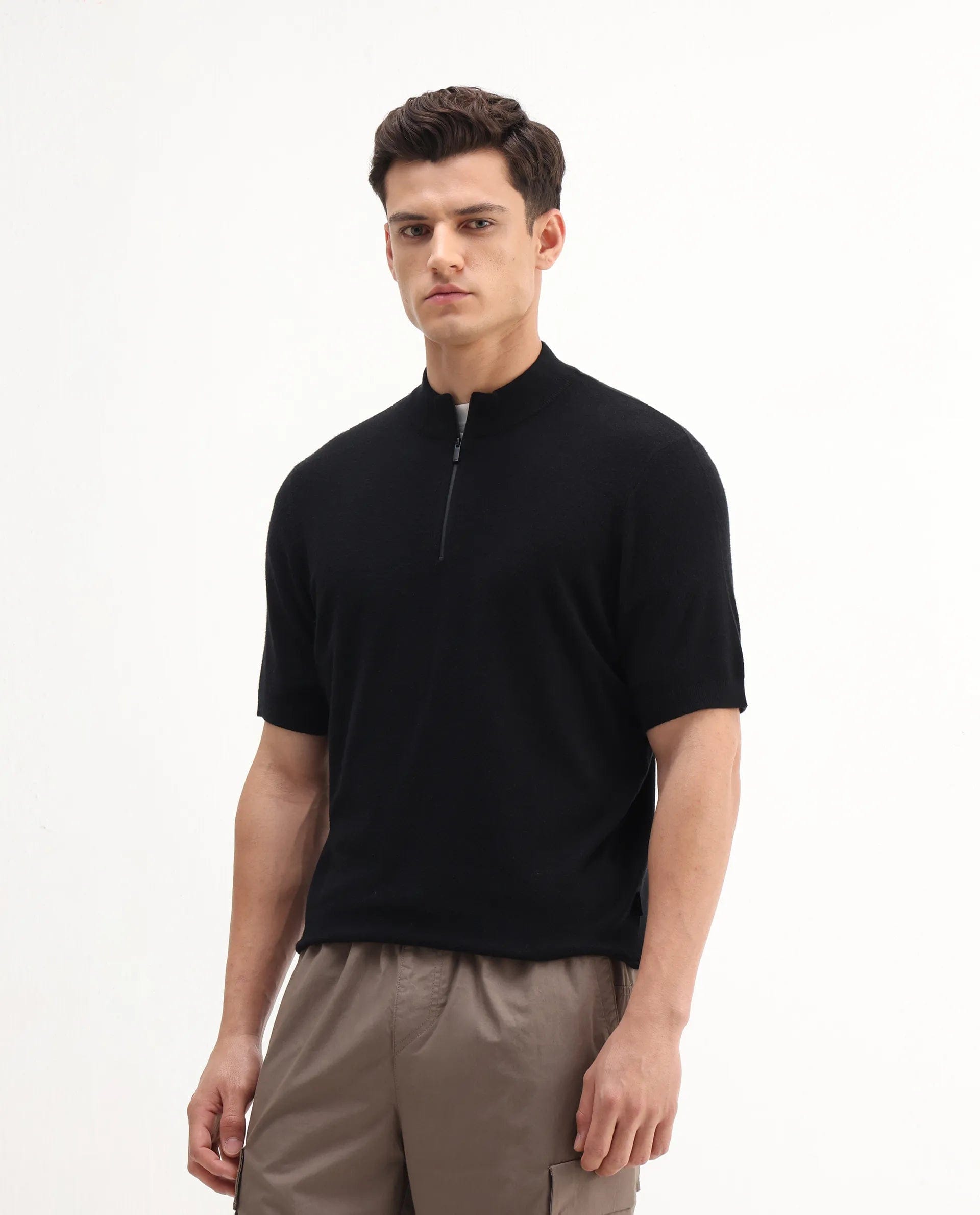 RARE Rabbit Men's Alfeto - 25 Black Viscose Plain Regular Fit Half Sleeve High Neck Polo