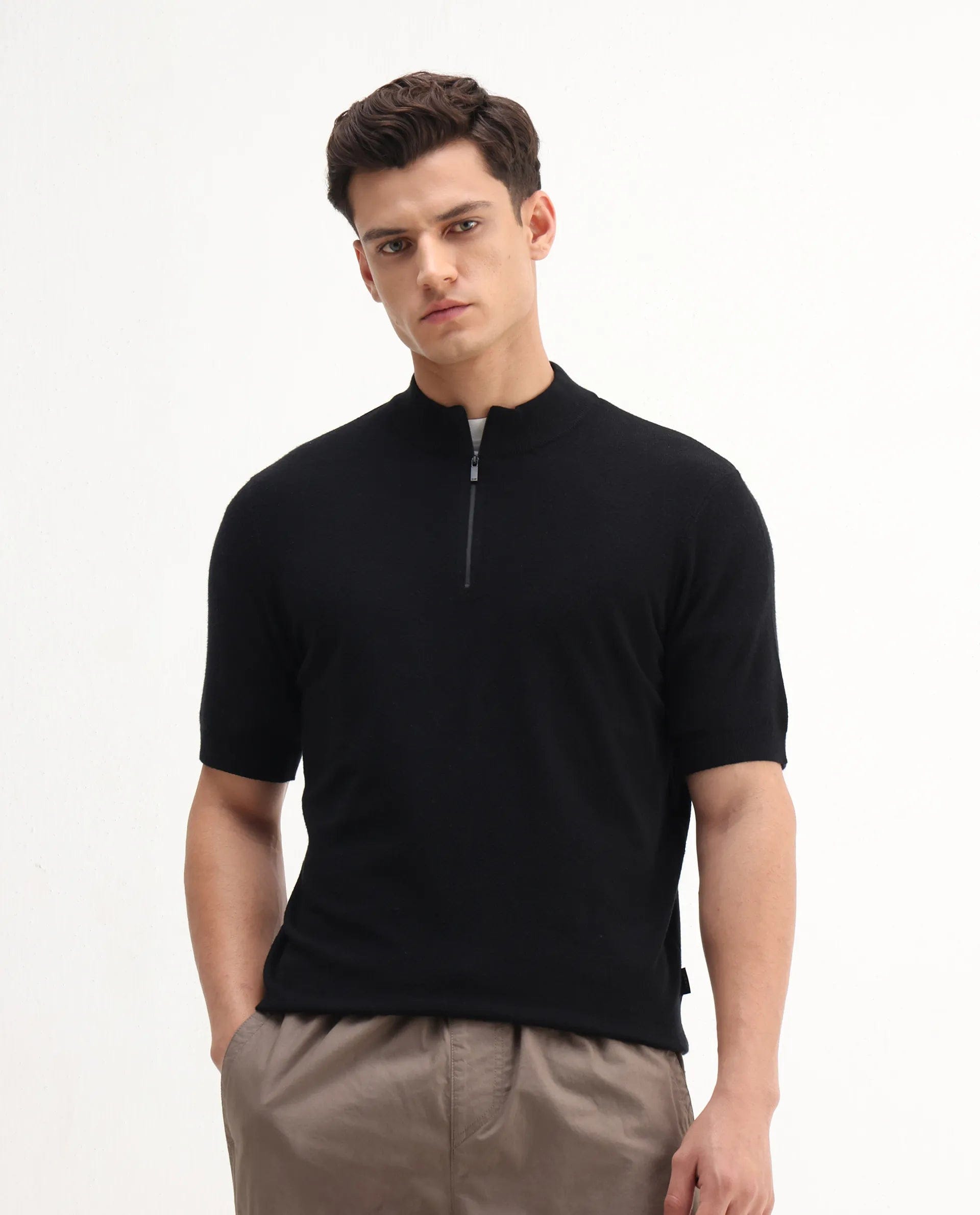 RARE Rabbit Men's Alfeto - 25 Black Viscose Plain Regular Fit Half Sleeve High Neck Polo