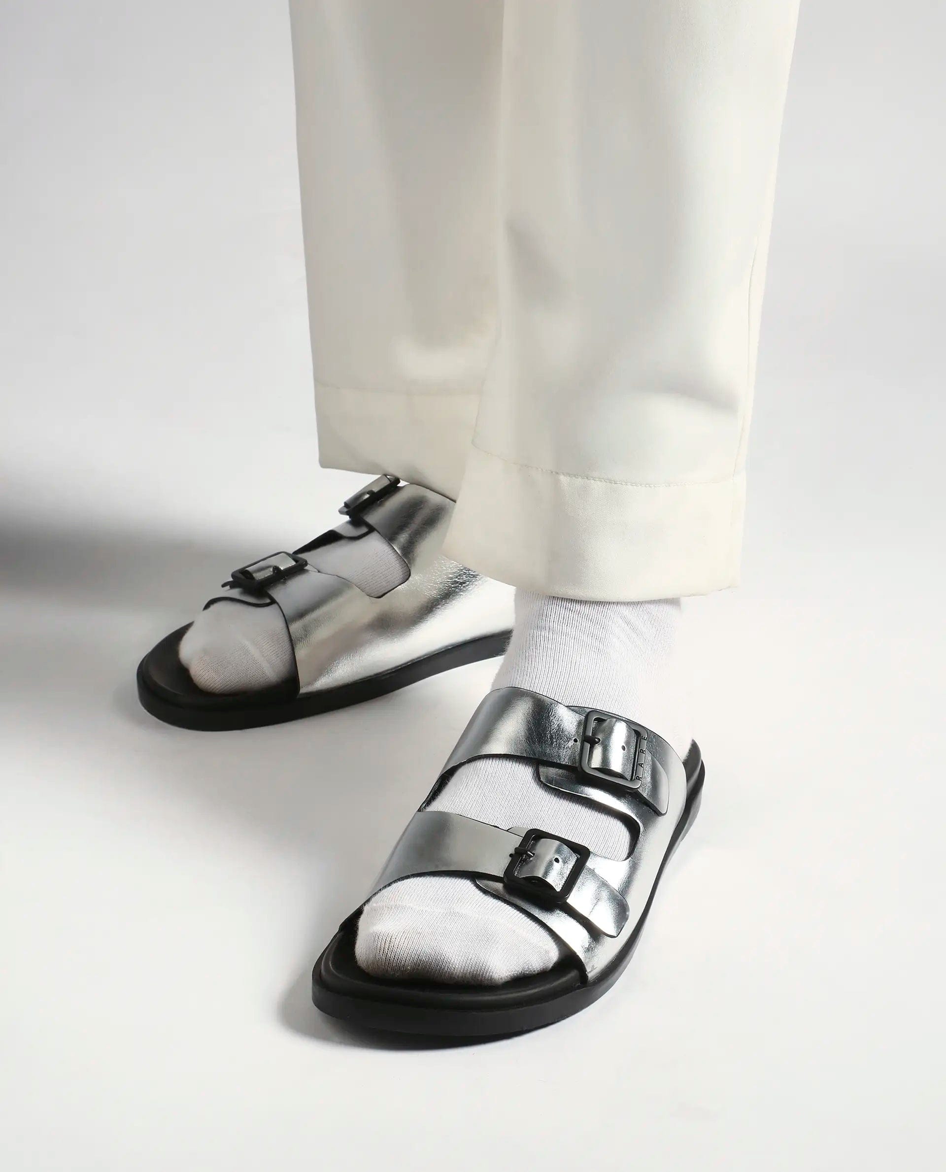 RAREZ Rare Rabbit Men's Raro Silver Leather Slip - On Closure Sandal