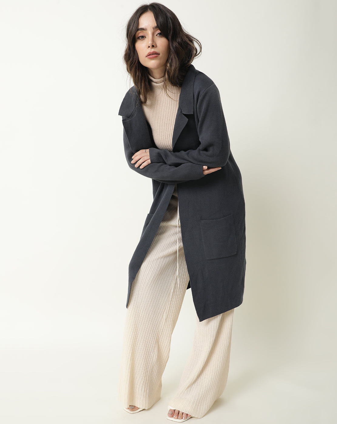 Rareism Women's Trident Grey Cotton Lapel Neck Plain Knee Length Regular Fit Sweater