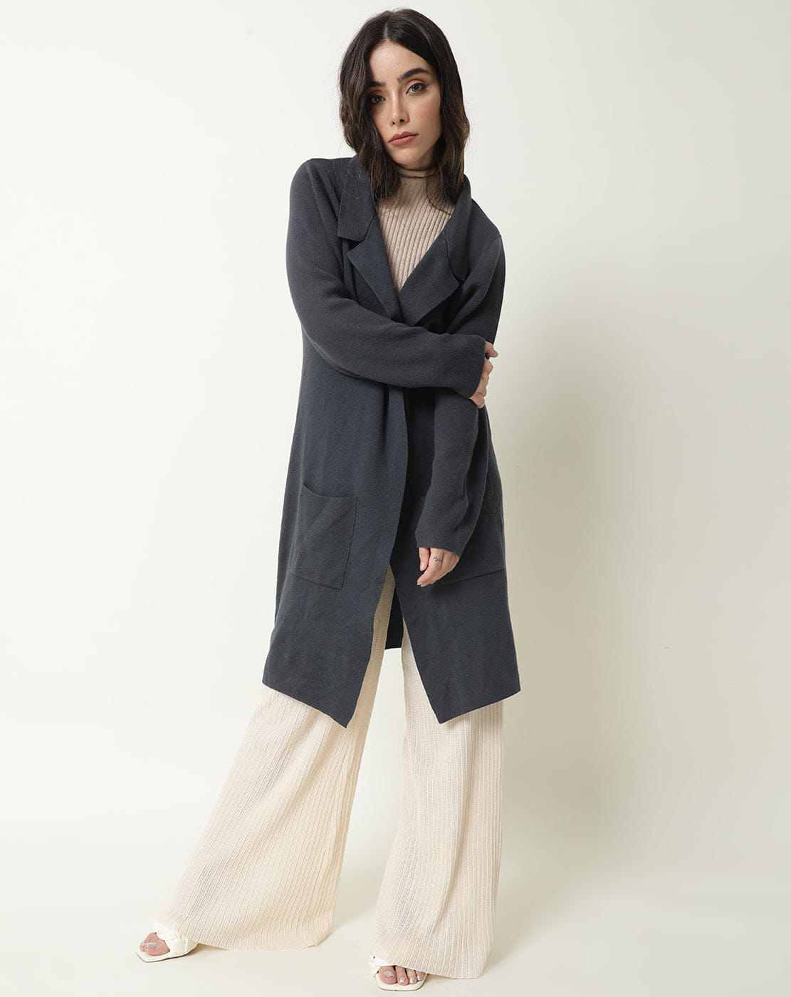 Rareism Women's Trident Grey Cotton Lapel Neck Plain Knee Length Regular Fit Sweater