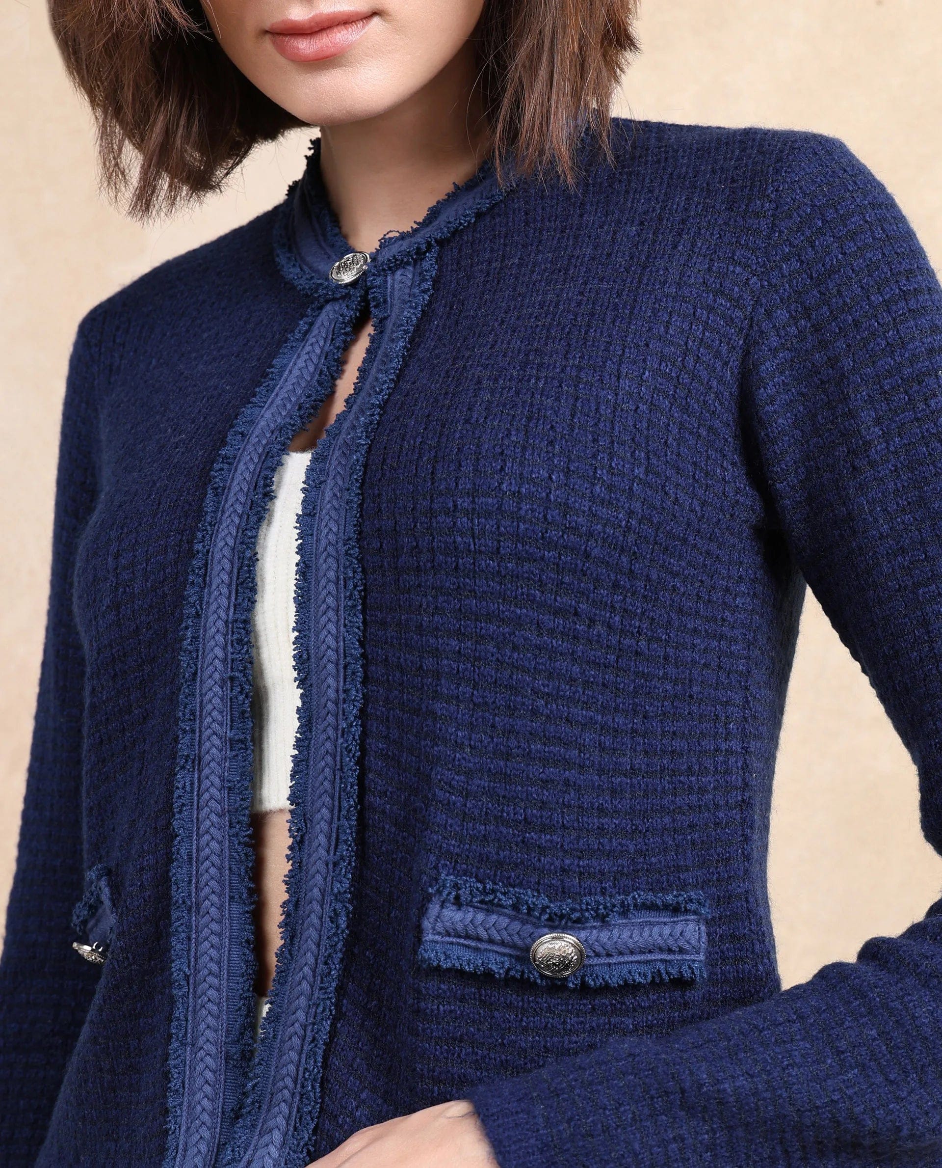 Rareism Women's Samsum Navy Crew Neck Plain Regular Fit Shrug