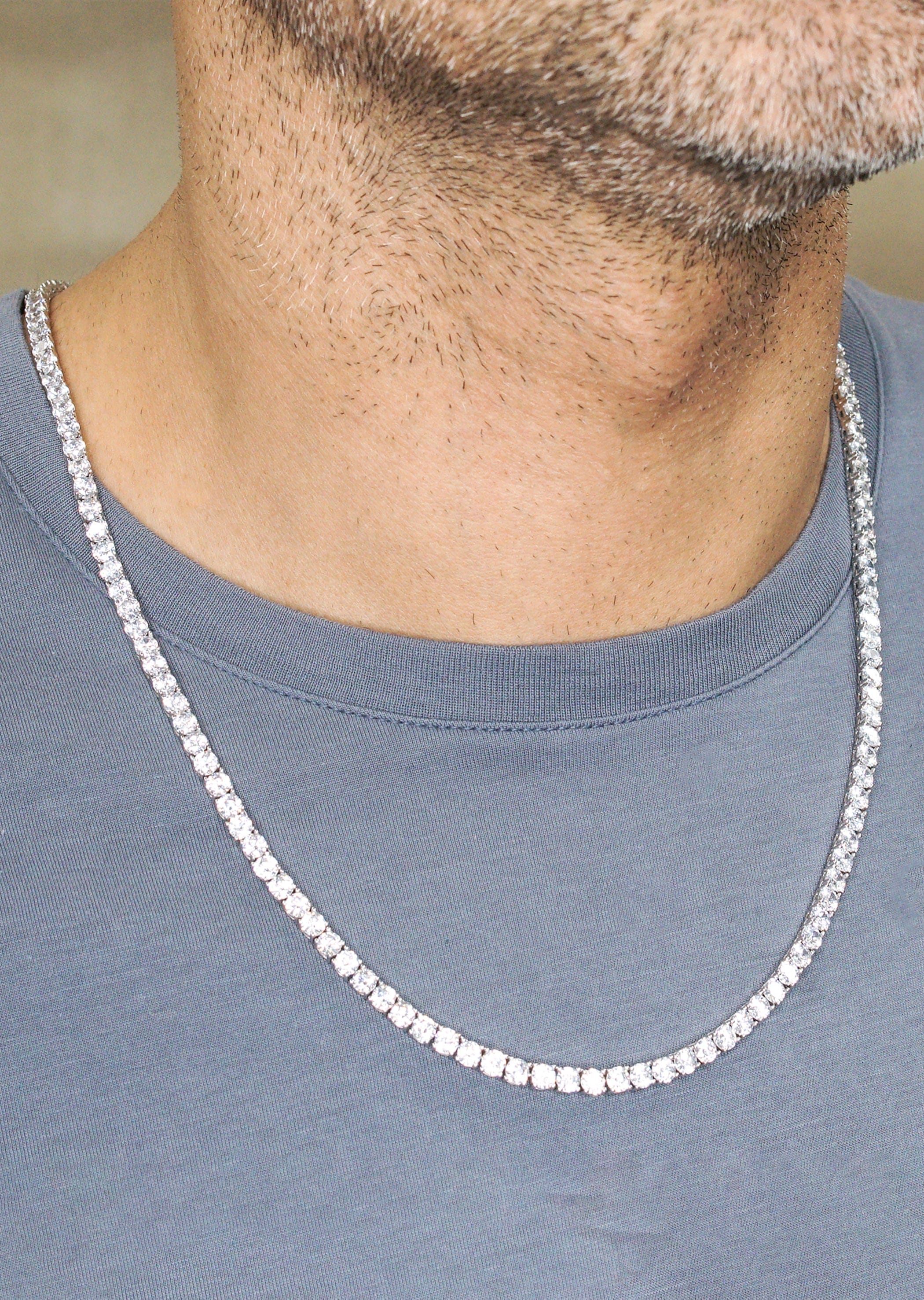 Manufacturer 43 Silver Chain - Mens White Tennis Chain / Necklace - 4 mm