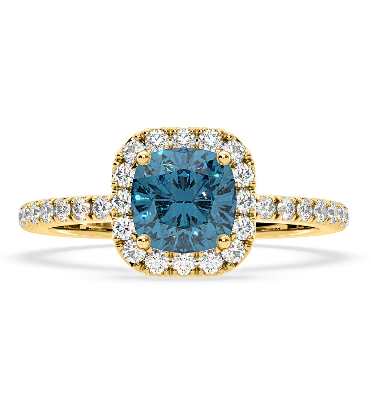 Beatrice Blue Lab Diamond 1.65ct Cushion Halo Ring in 18K Yellow Gold - Elara Collection