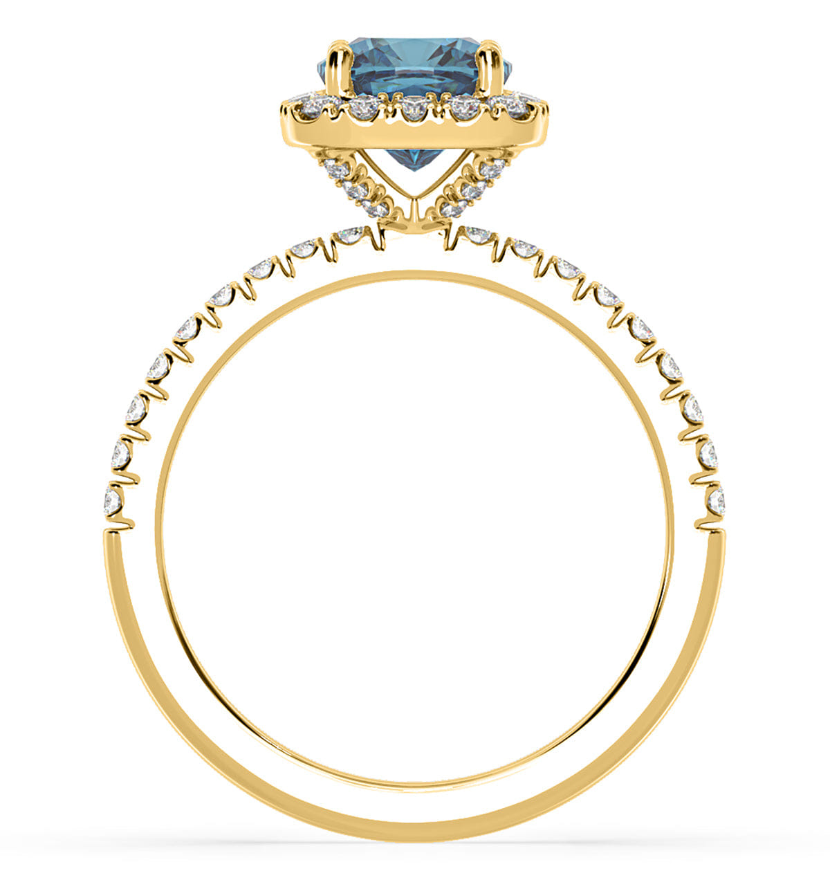 Beatrice Blue Lab Diamond 1.65ct Cushion Halo Ring in 18K Yellow Gold - Elara Collection