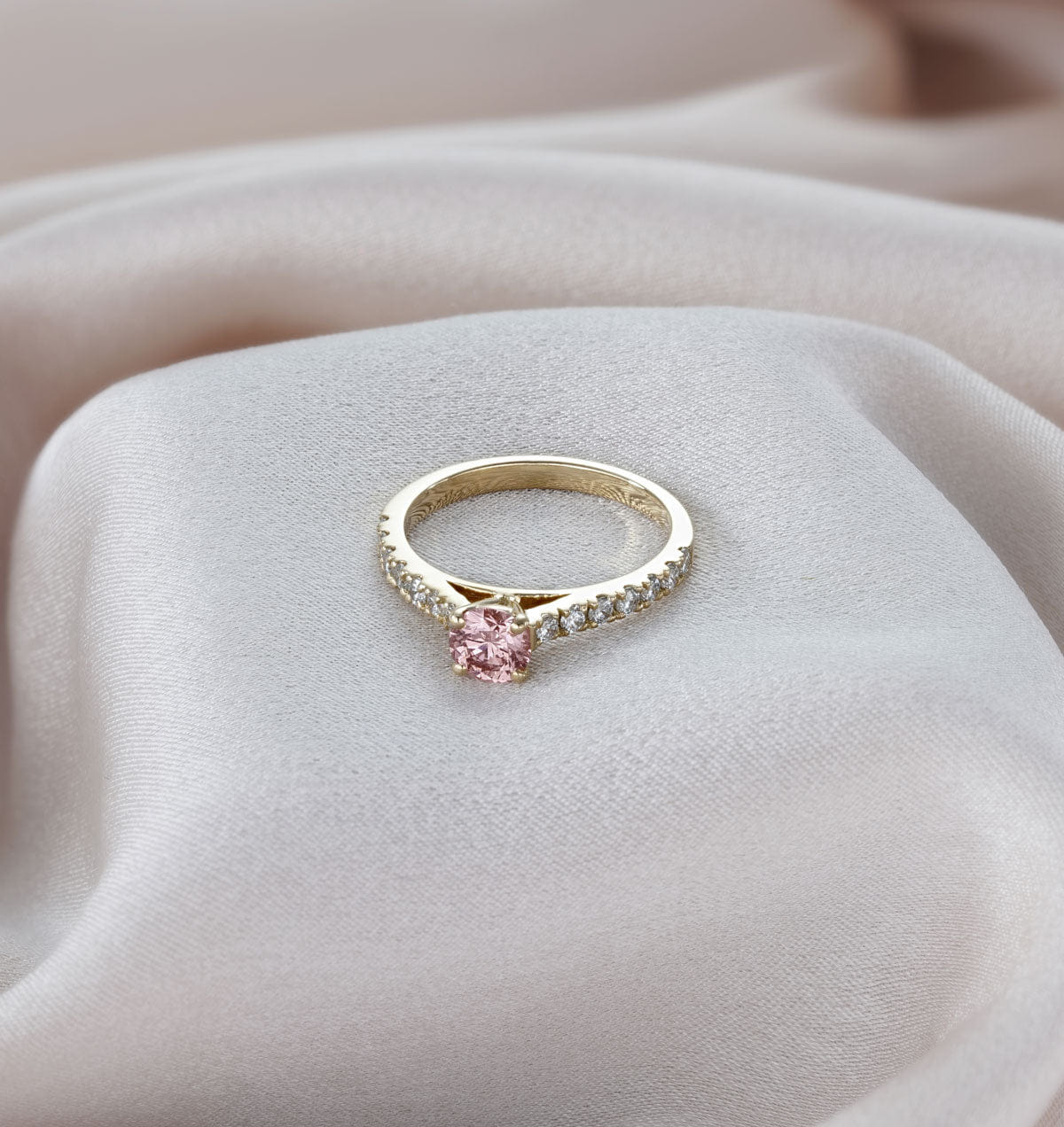 Diamond Natalia Pink Lab Diamond 0.91ct Side Stone Ring in 18K Yellow Gold - Elara Collection