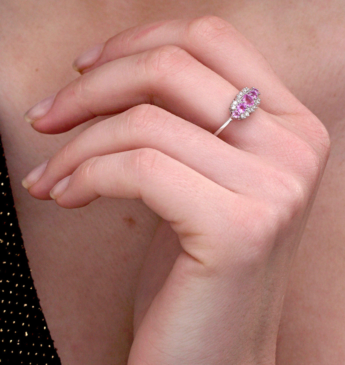 Diamond Pink Sapphire and 0.12ct Diamond Ring 9K White Gold