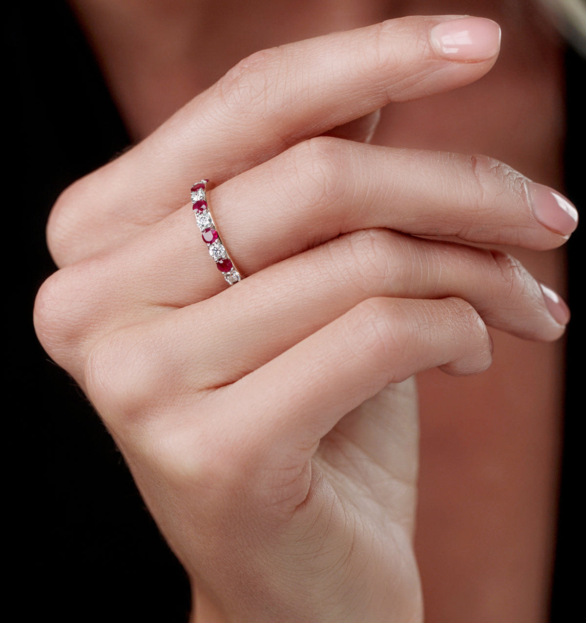 Diamond Ruby and 0.50ct Lab Diamond Asteria Eternity Ring in 9K White Gold