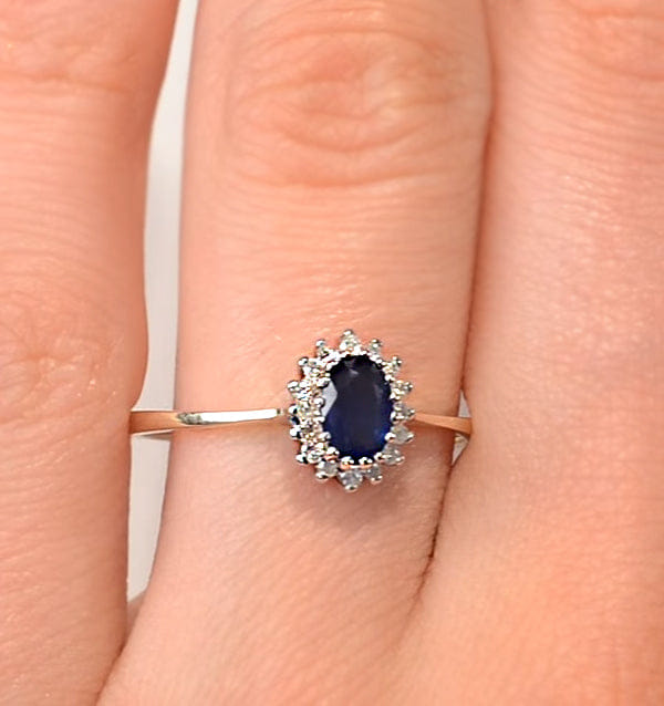 Diamond Sapphire 6 x 4 mm And Diamond 9K Gold Ring