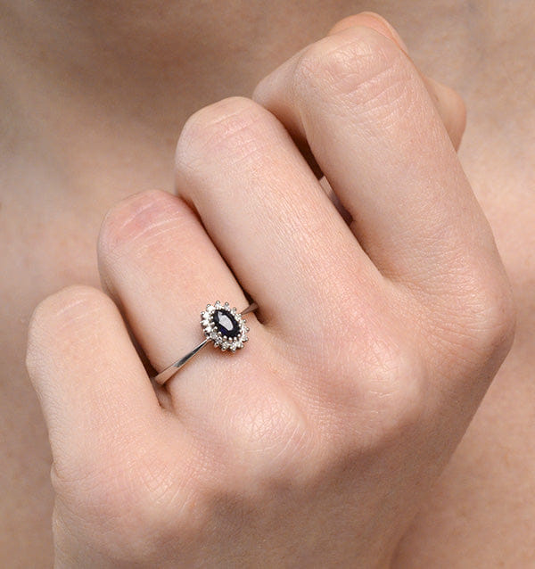 Diamond Sapphire 5 x 3 mm And Diamond 9K White Gold Ring A4432