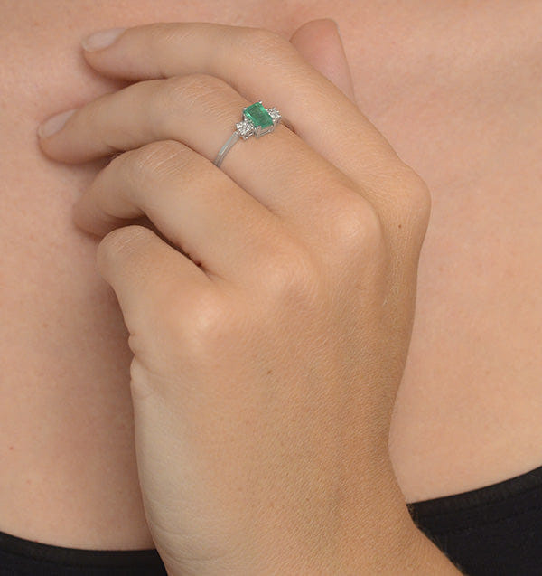 Diamond Emerald 6 x 4 mm And Diamond 9K White Gold Ring A3078