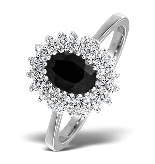 Diamond Sapphire 7 x 5 mm And Diamond 18K White Gold Ring FET35 - UY