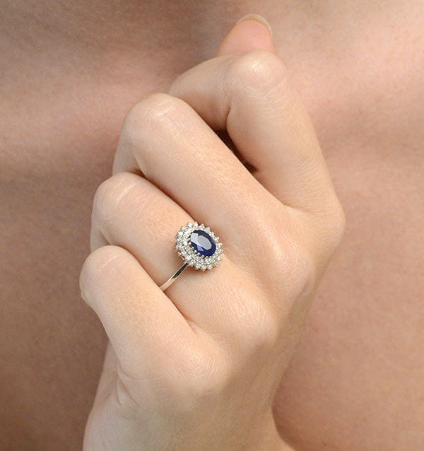 Diamond Sapphire 7 x 5 mm And Diamond 18K White Gold Ring FET35 - UY