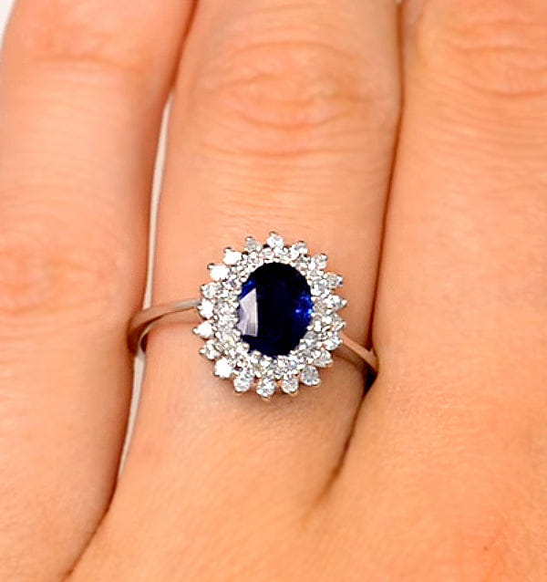 Diamond Sapphire 7 x 5 mm And Diamond 18K White Gold Ring FET35 - UY