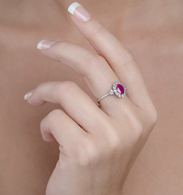 Diamond Ruby 7 x 5 mm and Diamond 9K White Gold Ring