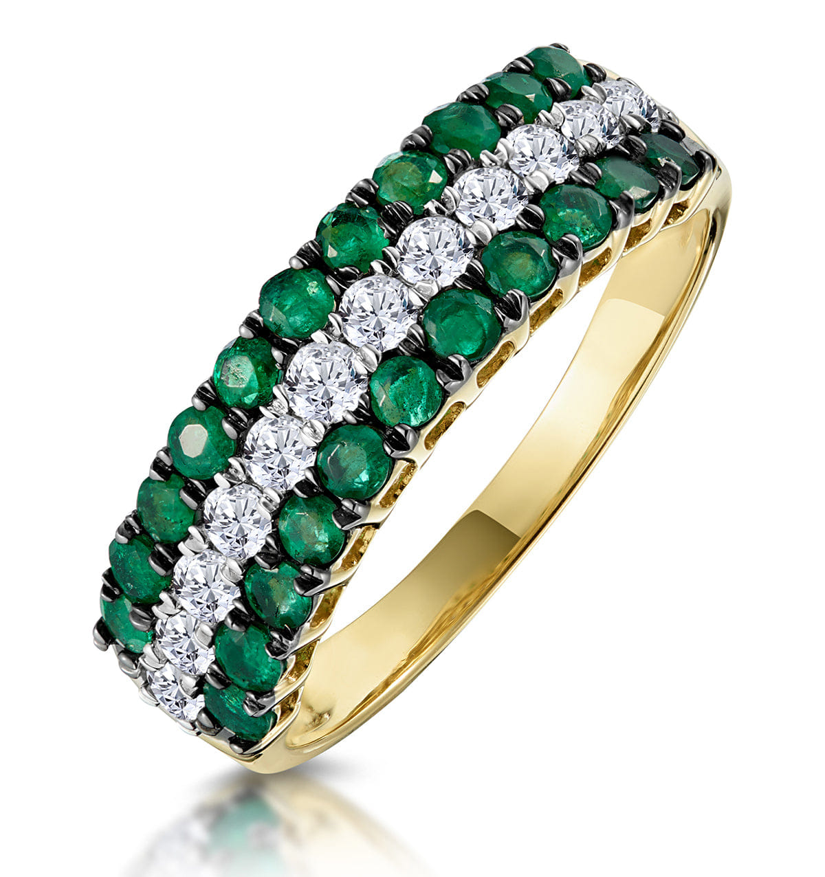 Diamond Emerald and Lab Diamond Triple Row Asteria Eternity Ring in 9K Gold