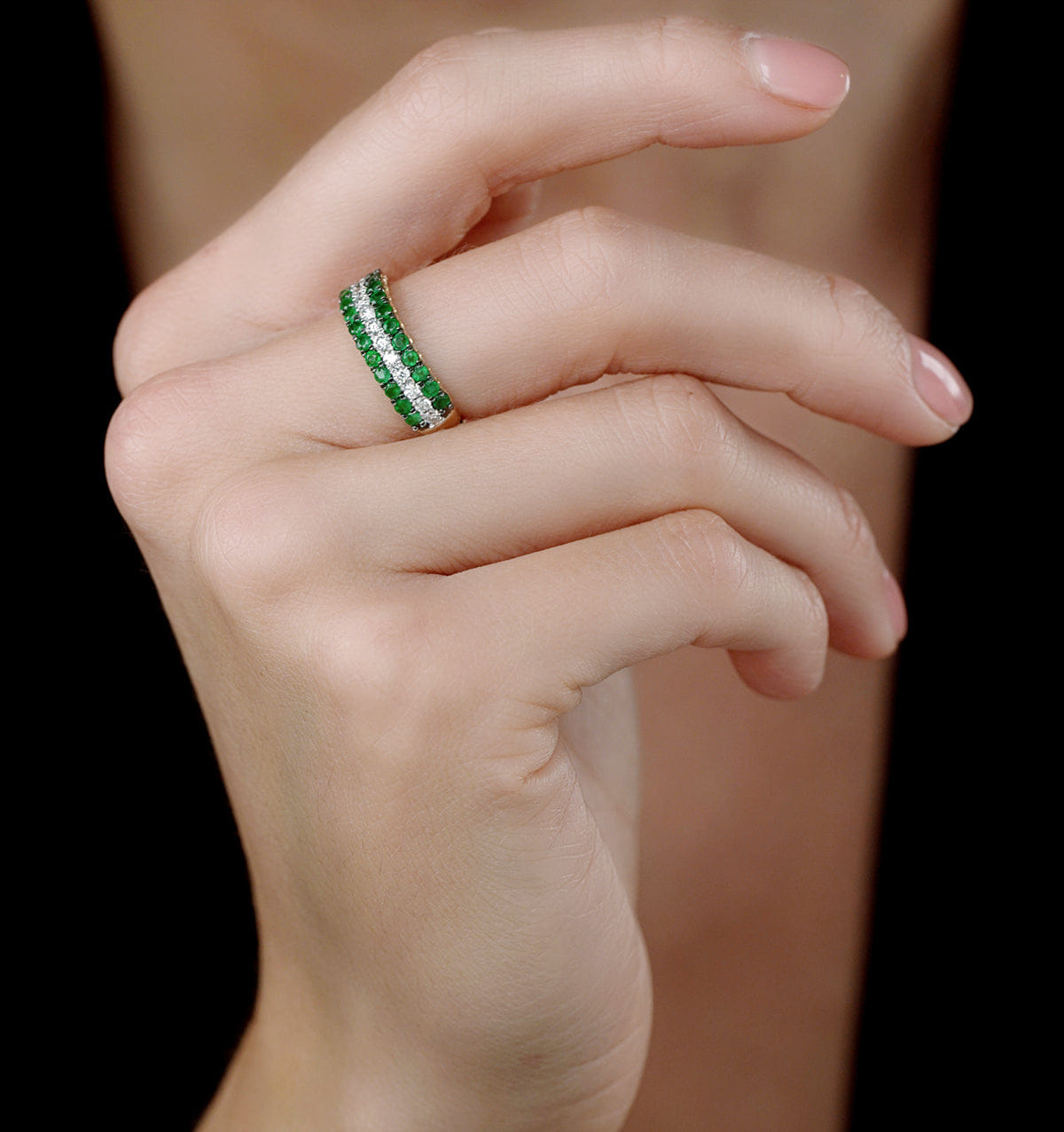 Diamond Emerald and Lab Diamond Triple Row Asteria Eternity Ring in 9K Gold