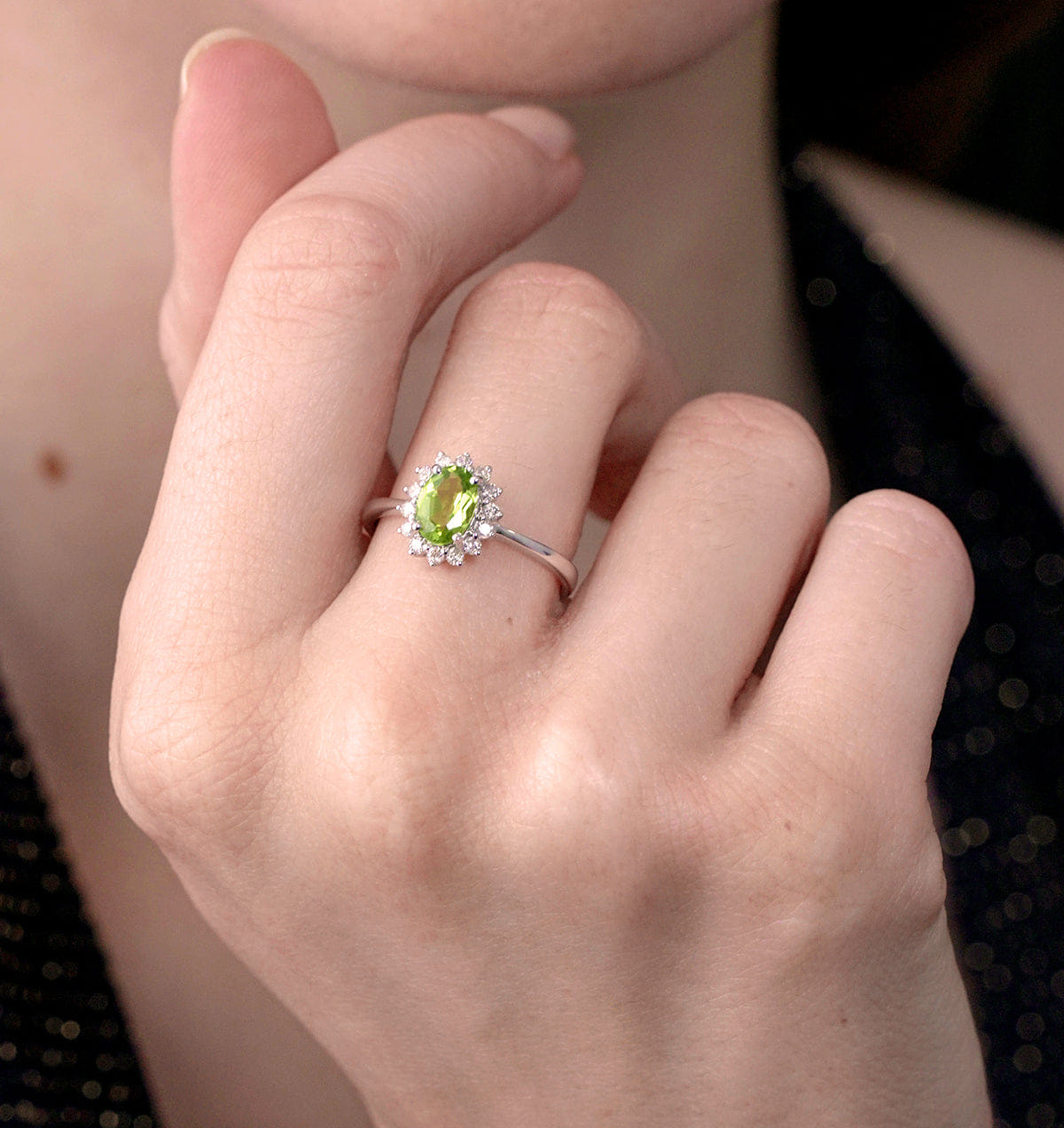 Diamond Peridot 7 x 5 mm And Diamond 9K White Gold Ring