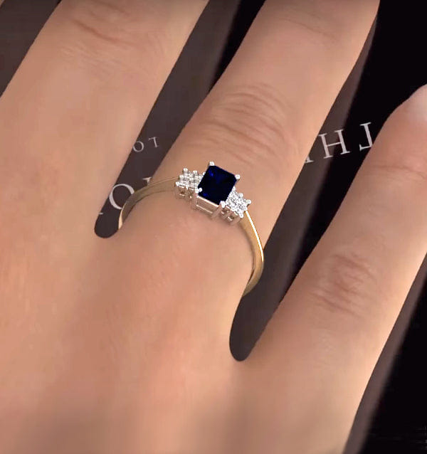 Diamond Sapphire 6 x 4 mm And Diamond 9K Gold Ring A3220