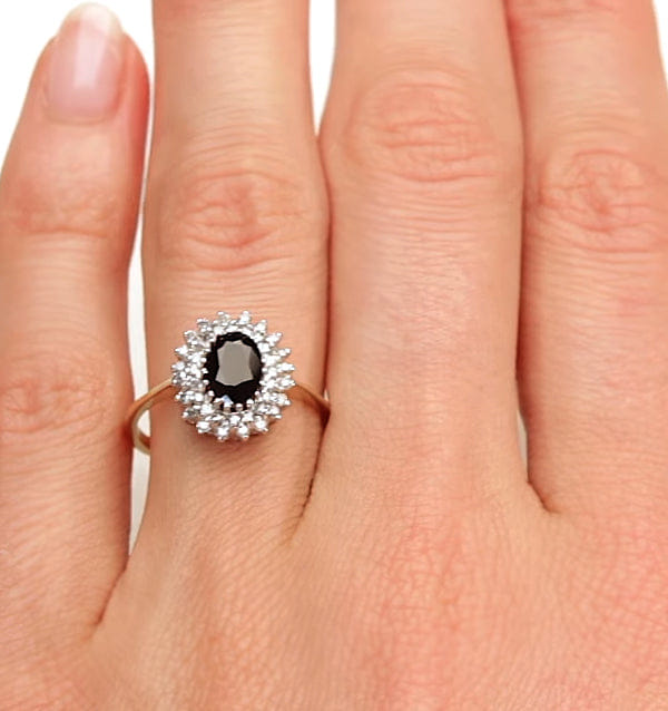 Diamond Sapphire 7 x 5 mm And Diamond 9K Gold Ring