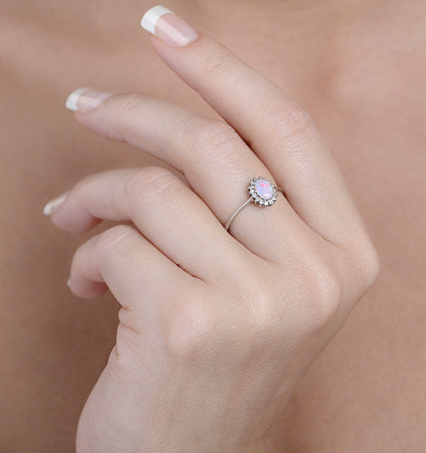 Diamond Opal 6 x 4 mm And Diamond 9K White Gold Ring