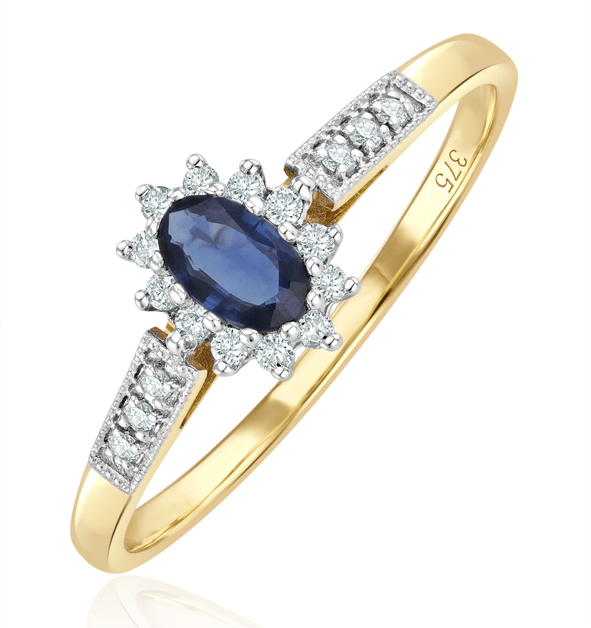Diamond Sapphire 5 x 3 mm And Diamond 9K Gold Ring A3261
