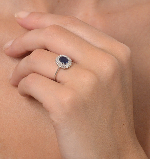 Diamond Sapphire 7 x 5 mm And Diamond 9K White Gold Ring