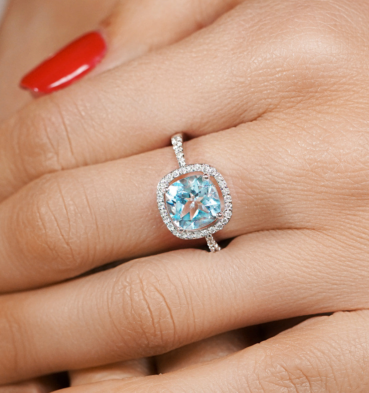 Diamond 2ct Blue Topaz and Lab Diamond Shoulders Asteria Ring in 9K White Gold