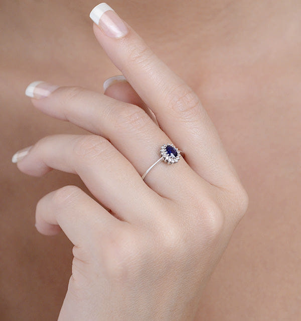 Diamond Sapphire 6 x 4 mm And Diamond 9K White Gold Ring A4433