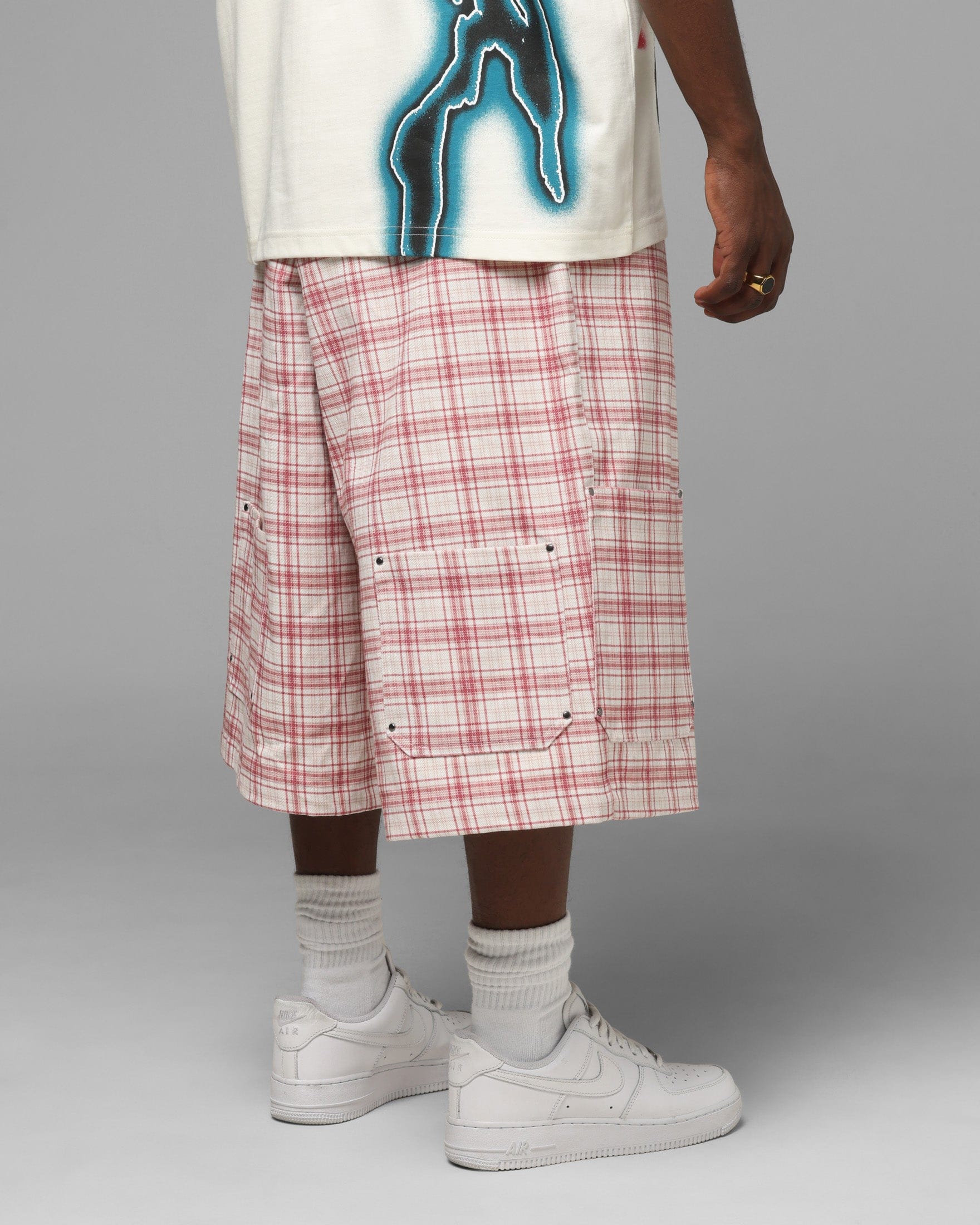Loiter Utility Cargo Shorts Pink Check