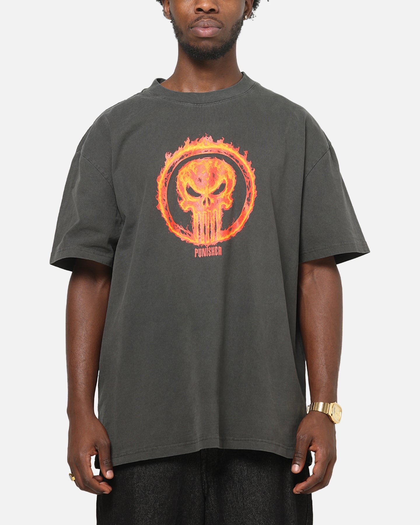 73studio Marvel Punisher Flames Heavy T - Shirt Black Wash