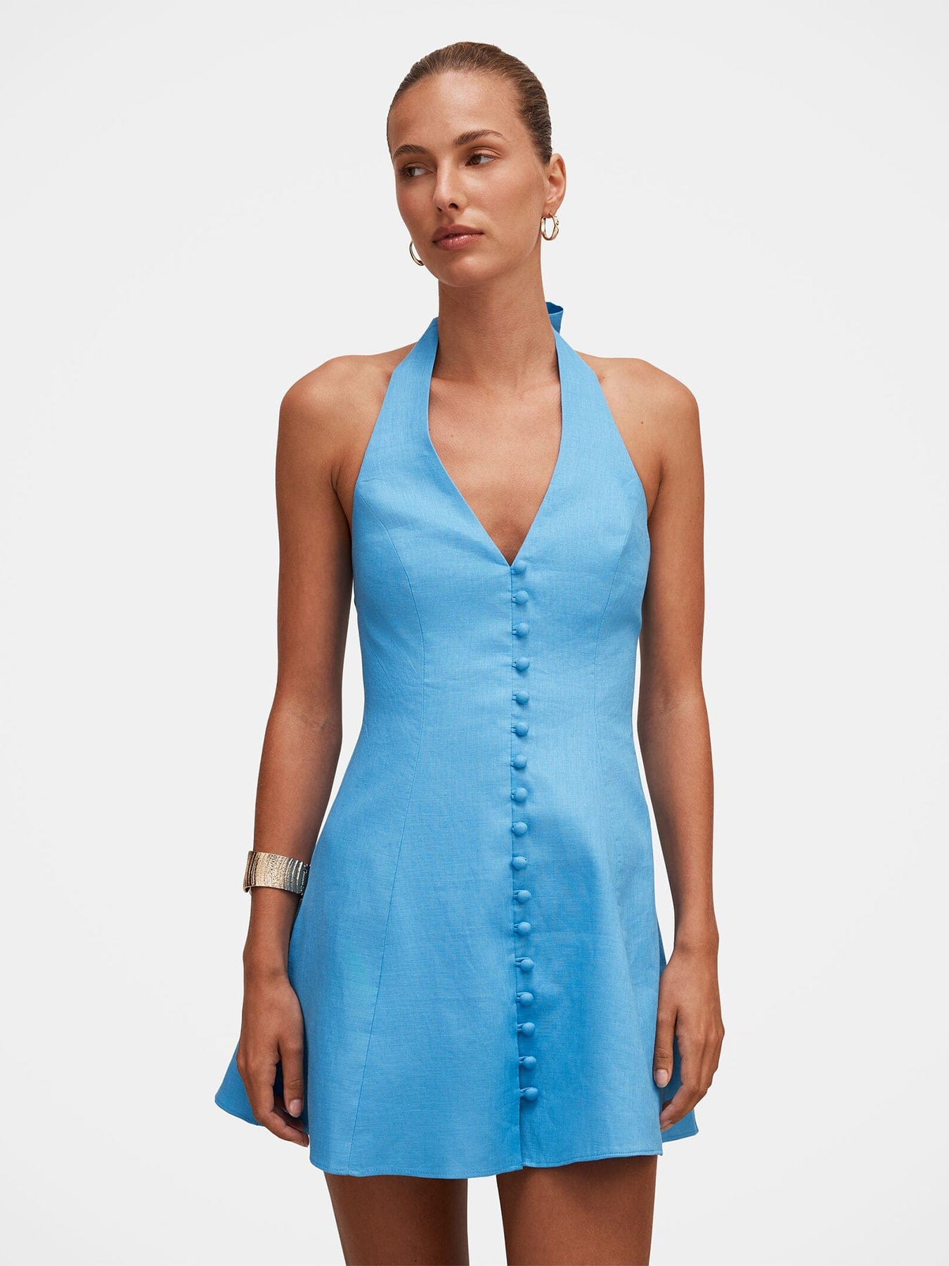 Forever New Ina Button Front Halter Neck Mini Dress Blue
