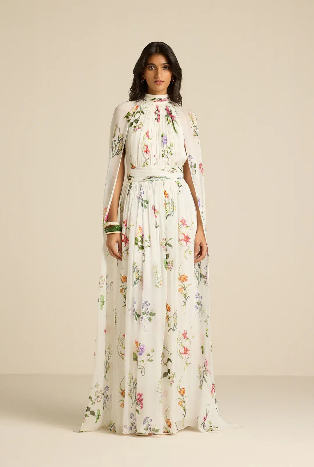 Hemant & Nandita Anya Cape Floral Maxi Dress in White