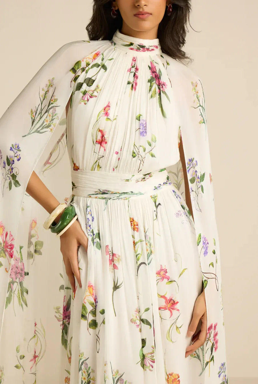 Hemant & Nandita Anya Cape Floral Maxi Dress in White
