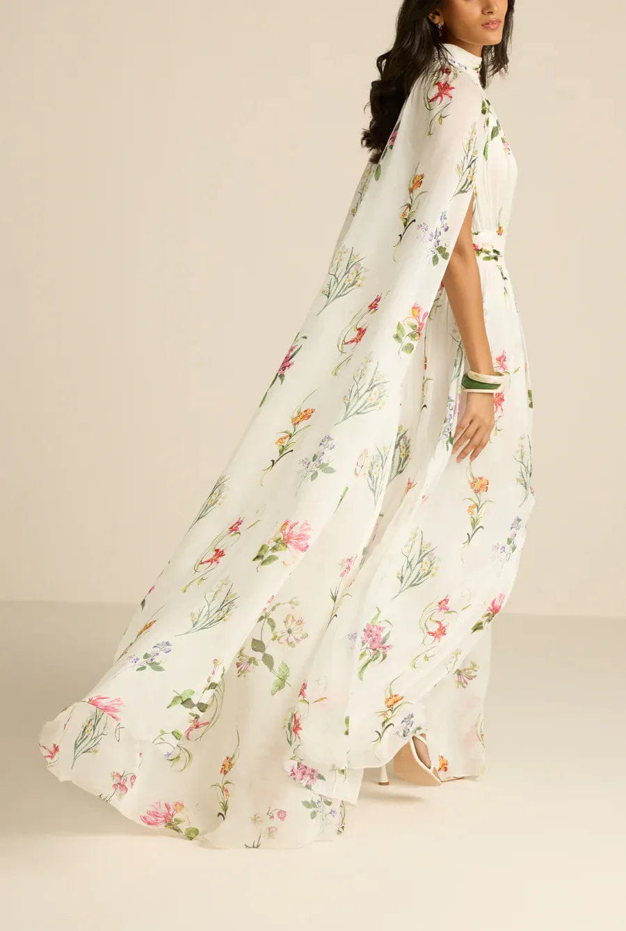 Hemant & Nandita Anya Cape Floral Maxi Dress in White