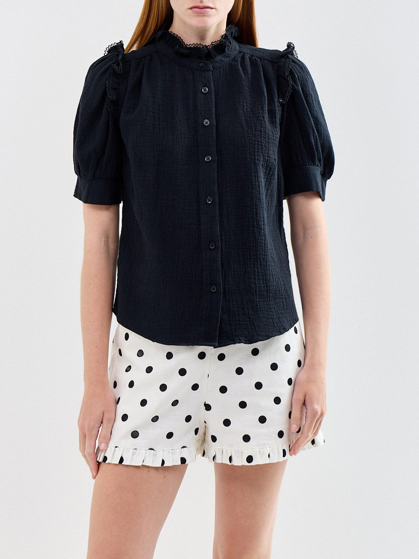 Ro and Zo Cheeseloth Frill Short Sleeve Shirt Black