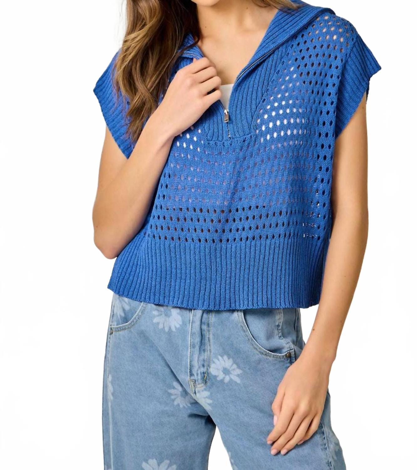 Blue Fishnet Zip - Up Short Sleeve Sweater In Royal Blue