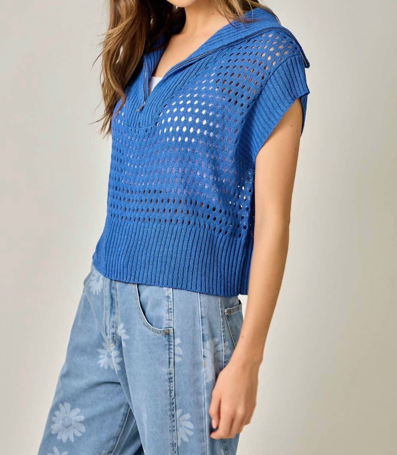 Blue Fishnet Zip - Up Short Sleeve Sweater In Royal Blue