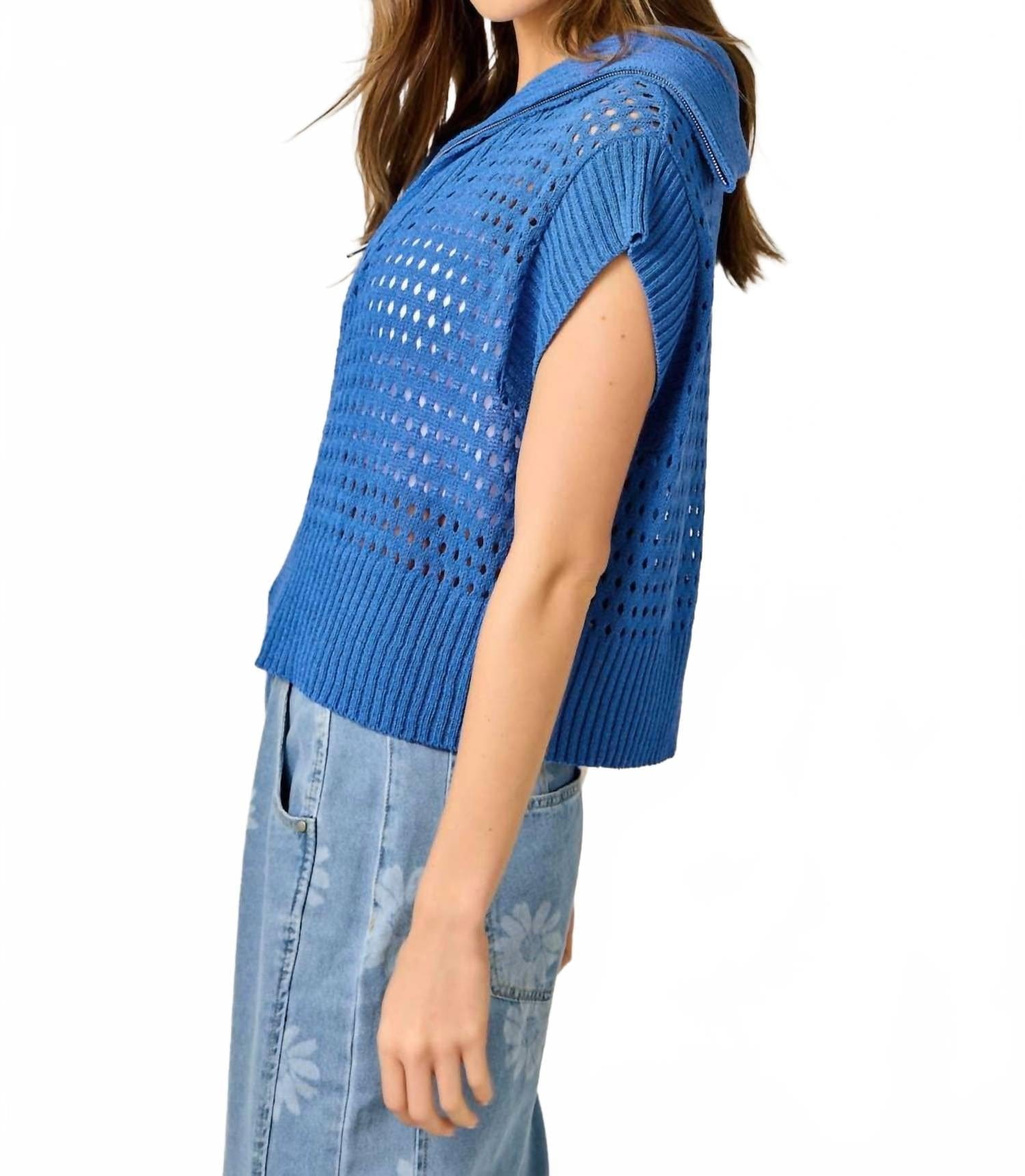 Blue Fishnet Zip - Up Short Sleeve Sweater In Royal Blue