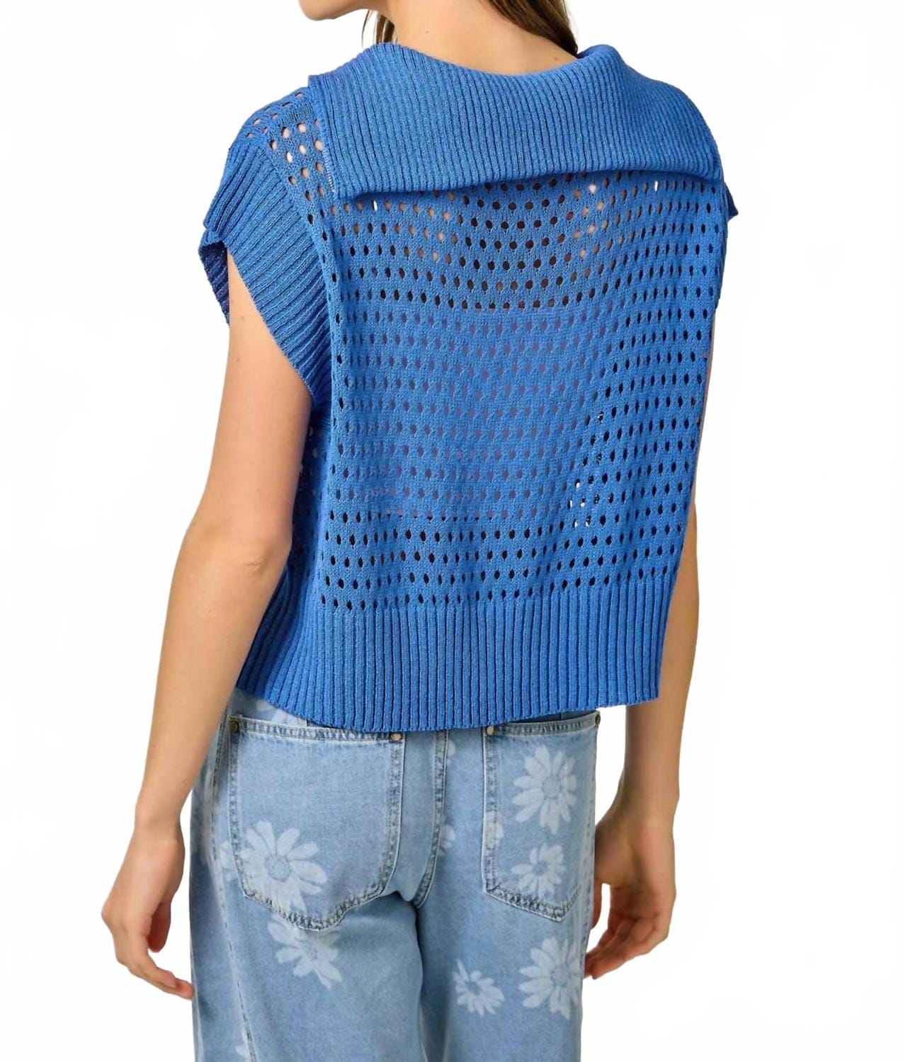 Blue Fishnet Zip - Up Short Sleeve Sweater In Royal Blue
