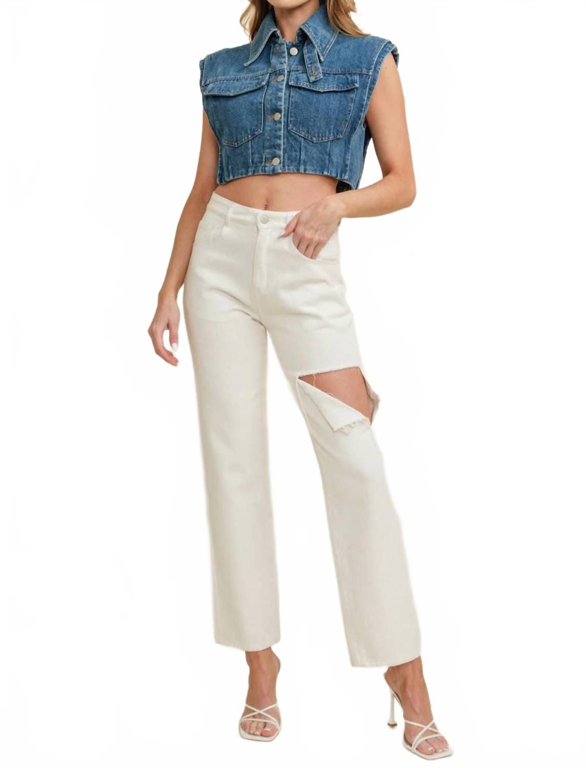 Blue Women's Canyon Cutoff Button Up Vest In Blue
