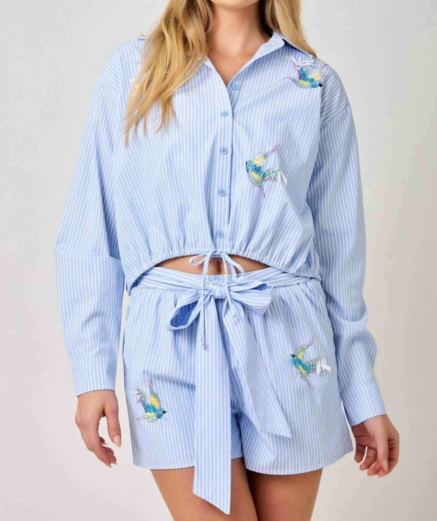 WHITE* Poplin Pinstripe Hummingbird Sequin Shirt In Blue And White Stripe