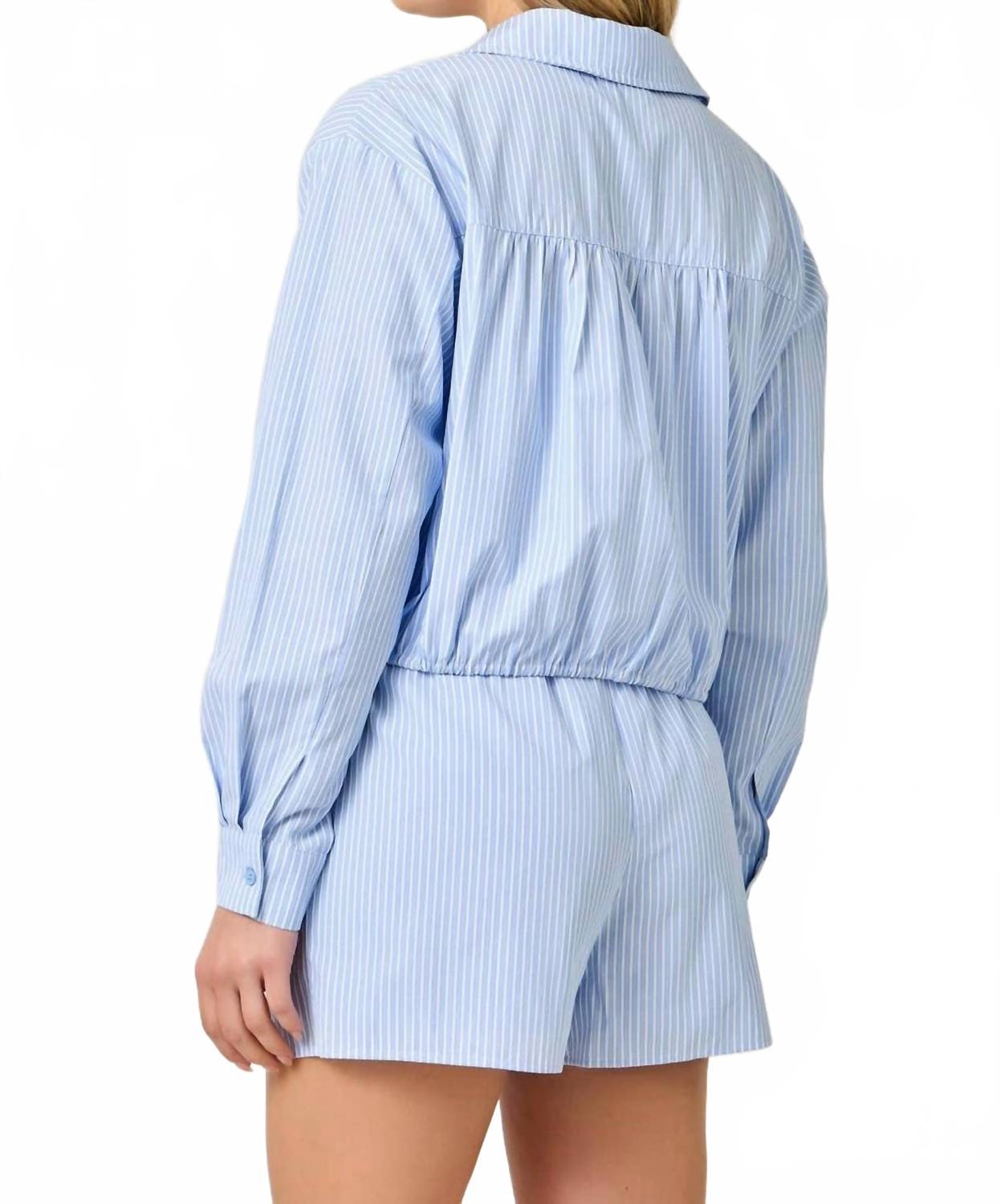 WHITE* Poplin Pinstripe Hummingbird Sequin Shirt In Blue And White Stripe