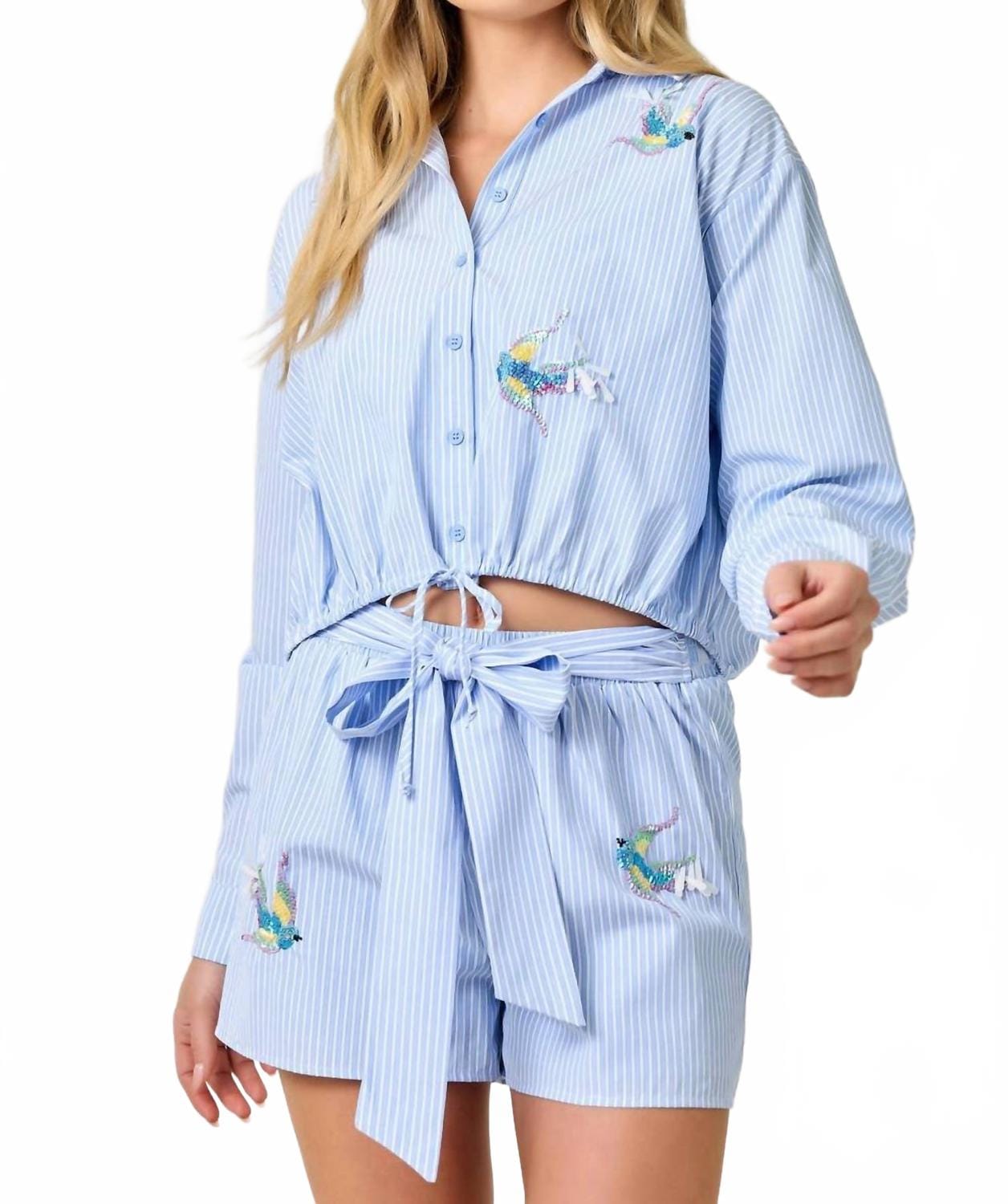 WHITE* Poplin Pinstripe Hummingbird Sequin Shirt In Blue And White Stripe
