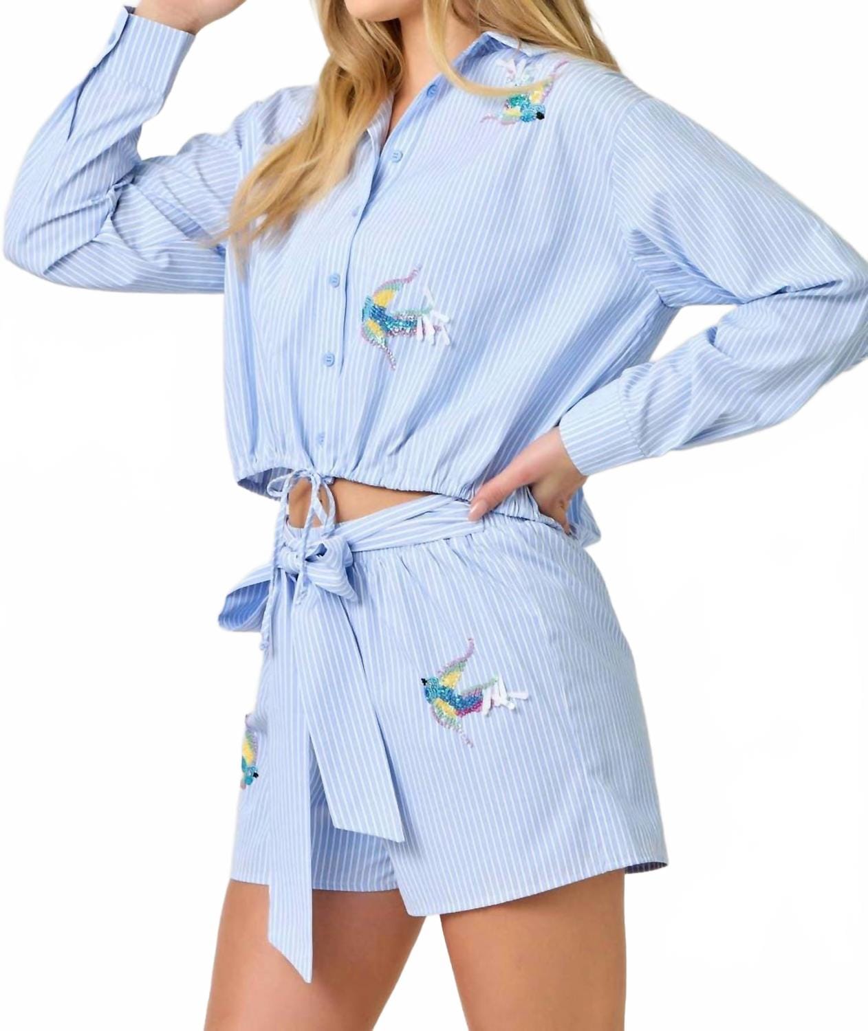 WHITE* Poplin Pinstripe Hummingbird Sequin Shirt In Blue And White Stripe