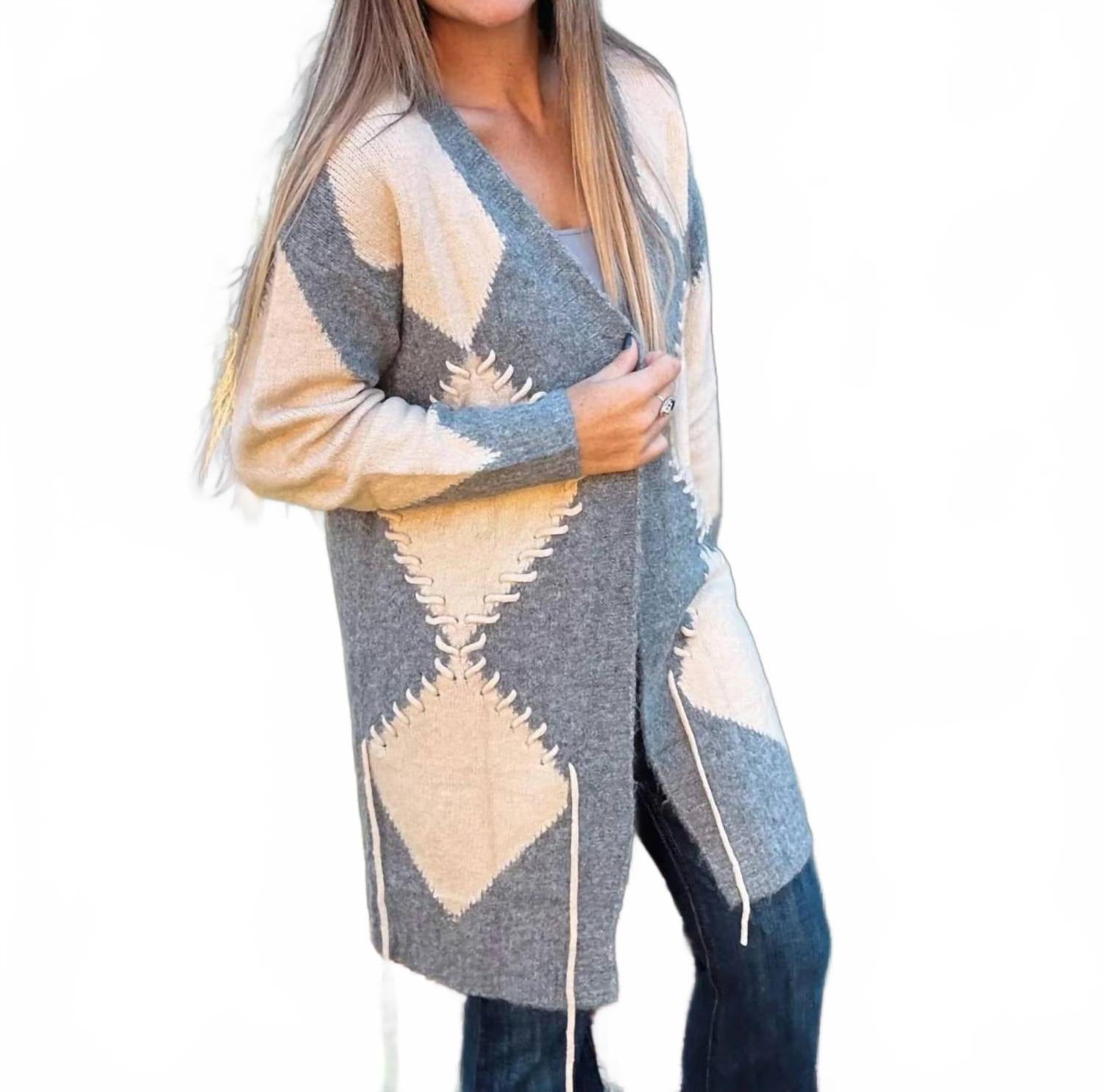 Diamond Knit Cardigan In Oatmeal & Gray