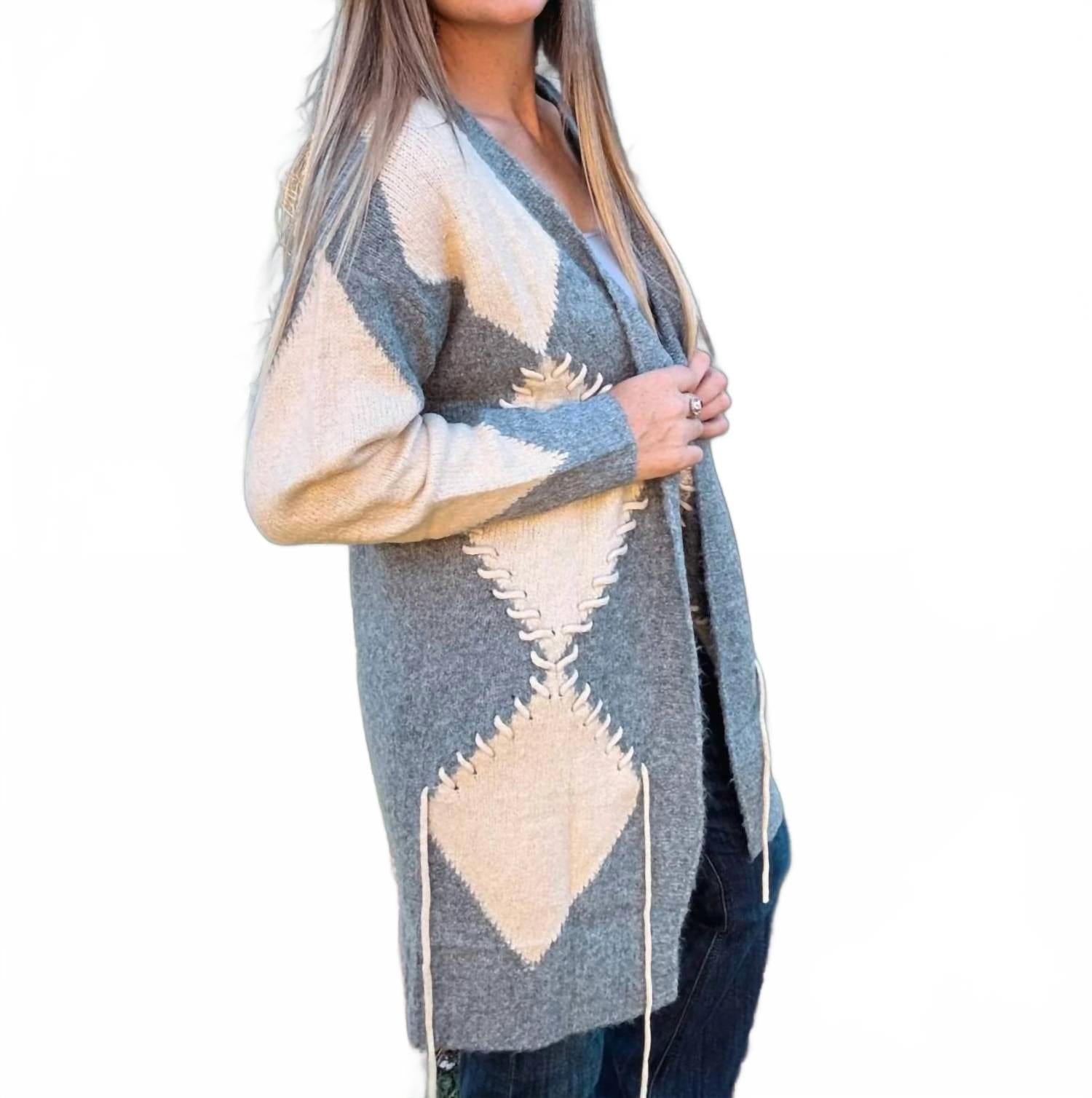 Diamond Knit Cardigan In Oatmeal & Gray